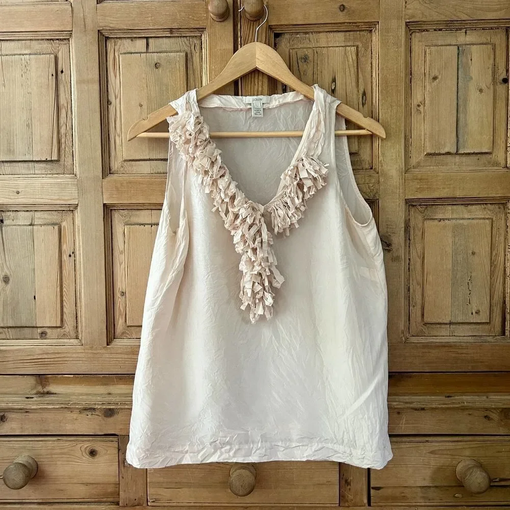 J. Crew Pale Pink‎ Silk Blouse Sleeveless Top Fringe Collar V-Neck Womens Size 6